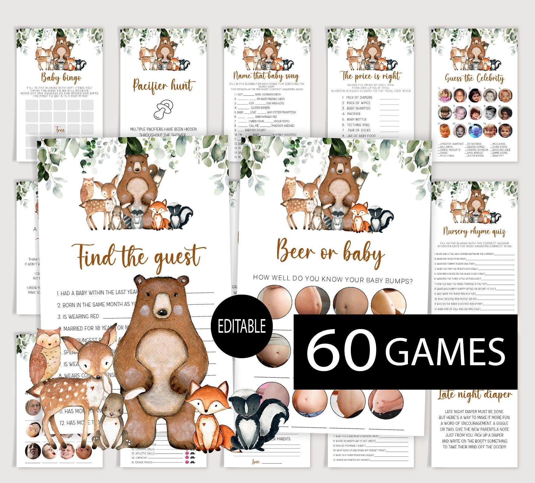 Paquete de juegos de baby shower de animales del bosque, juegos de baby shower, juego de animales del bosque, juegos editables del bosque, 60 juegos incluidos y hojas de respuestas