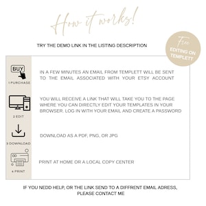 May include: A diagram explaining how to use a digital template. The steps are: 1. Purchase, 2. Edit, 3. Download, 4. Print. The text says "How it works!" and "Try the demo link in the listing description".
