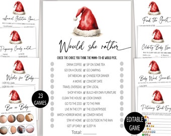Op de afbeelding: Een set met printbare babyborrelspellen met een kerstthema. De spellen omvatten "Would She Rather", "Animal Gestation Game", "Pregnancy Candy Match", "Wishes for Baby", "Beer or Baby", "Celebrity Baby Names", "Baby Word Scramble" en "Dictionary Book Emoji".