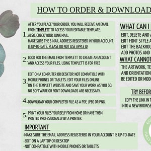 May include: Green and white graphic with instructions on how to order and download a digital template. The text says "How to Order & Download" and includes instructions for editing and downloading the template. The text also says "What Can I Edited" and "What Cannot Be Edited".