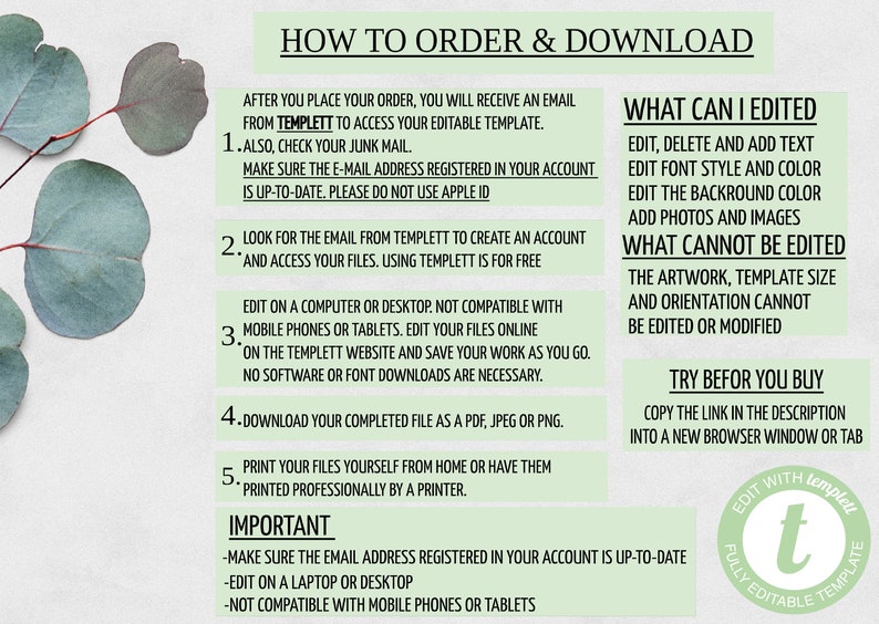 May include: Green and white graphic with instructions on how to order and download a digital template. The text says "How to Order & Download" and includes instructions for editing and downloading the template. The text also says "What Can I Edited" and "What Cannot Be Edited".