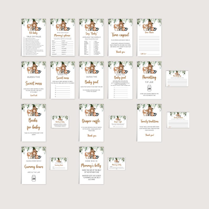 May include: A set of printable baby shower game cards featuring a woodland theme with a brown bear, fox, and deer. The cards include games like "Guess the Baby Food", "Sweet Mess", "How Big is Mommy's Belly", and "Time Capsule".