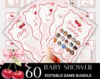 Cherry Baby Shower Games Bundle, Printable Pink Baby Shower Bundle, Pink Bow and Cherry Baby Shower, Editable Shower Games, Cherry on Top