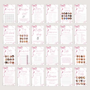 Puede incluir: Un conjunto de 16 tarjetas de juego de baby shower imprimibles con cintas y lazos rosas. Los juegos incluyen "Baby Bingo", "B&uacute;squeda de chupetes", "Nombra la canci&oacute;n de beb&eacute;", "El precio es correcto", "Adivina la celebridad", "Encuentra al invitado", "Un mensaje del vientre", "Ni&ntilde;o o ni&ntilde;a", "Chug de biber&oacute;n", "&iquest;Qui&eacute;n puede terminar el poema del ni&ntilde;o peque&ntilde;o?", "Quiz de rimas de la guarder&iacute;a", "Mam&aacute;s de dibujos animados", "Trabajo o amor", "Verdades sobre los beb&eacute;s", "Predicciones y consejos sobre los beb&eacute;s", "Bromas de pap&aacute;", "Pa&ntilde;al nocturno tard&iacute;o", "Tetas o traseros", "Burbujas de beb&eacute; alrededor del mundo", "Nombres de beb&eacute;s famosos", "Viejas historias de mujeres", "Decora un mameluco", "Lista de deseos para el primer a&ntilde;o", "Cerveza o beb&eacute;".