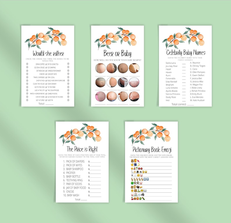 Little Cutie Baby Shower Game Bundle, Orange Baby Shower Game Pack,Neutral Game Bundle,The price is right,Would she rather,Baby Prediction image 5