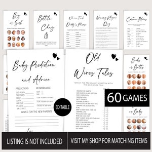 Puede incluir: Un conjunto de 60 juegos imprimibles para baby shower en blanco y negro con corazones. Los juegos incluyen "Ni&ntilde;o o Ni&ntilde;a", "Desaf&iacute;o de la Botella", "&iquest;Qui&eacute;n puede adivinar la frase de pap&aacute;?", "Cuestionario de rimas de enfermer&iacute;a", "Nombres de dibujos animados", "Predicci&oacute;n y consejos para beb&eacute;s", "Viejas historias de mujeres", "Tetas o traseros", y "Adivina el beb&eacute;".