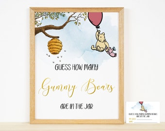 How many Gummy Bears Sign,Classic Winnie the Pooh Baby Shower Sign,Printable Sign,Digital download,Honey Baby Shower