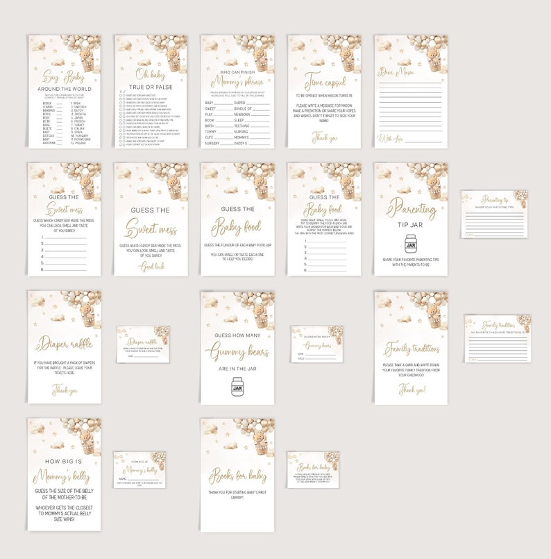 May include: A set of printable baby shower game cards featuring a hot air balloon theme with gold and white accents. The cards include games like "Say Baby Around the World", "Guess the Sweet Mess", "Guess the Baby Food", "Guess How Many Gummy Bears Are in the Jar", and "How Big is Mommy's Belly".