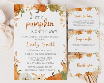 Paquete de invitaciones para baby shower de otoño, paquete de baby shower "Una pequeña calabaza", plantilla de invitación, libros para bebé, tarjetas de rifa de pañales, agradecimiento