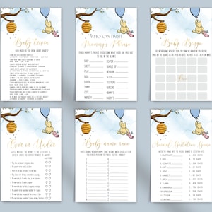 May include: A set of printable baby shower games featuring Winnie the Pooh and honeycombs. The games include Baby Trivia, Who Can Finish Mommy's Phrase, Baby Bingo, Over or Under, Baby Name Race, and Animal Gestation Game.