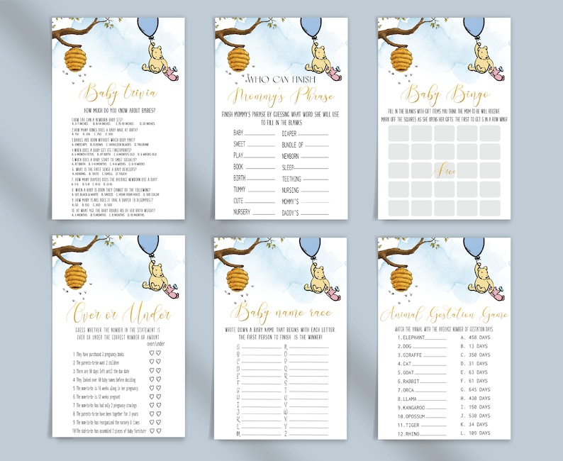 May include: A set of printable baby shower games featuring Winnie the Pooh and honeycombs. The games include Baby Trivia, Who Can Finish Mommy's Phrase, Baby Bingo, Over or Under, Baby Name Race, and Animal Gestation Game.