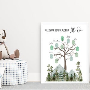 Pu&ograve; includere: Un poster bianco stampabile con un albero e montagne in acquerello verde. Il testo "Benvenuto al mondo Piccolo" &egrave; in cima al poster. Ci sono spazi per le impronte digitali con nomi scritti accanto.