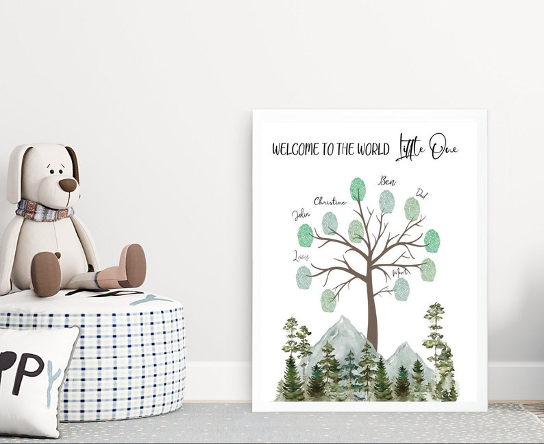 Pu&ograve; includere: Un poster bianco stampabile con un albero e montagne in acquerello verde. Il testo "Benvenuto al mondo Piccolo" &egrave; in cima al poster. Ci sono spazi per le impronte digitali con nomi scritti accanto.