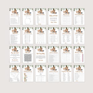 May include: A set of 16 printable baby shower game cards featuring a woodland theme with a deer, fox, and bear. The cards include games like "Over or Under", "Baby Word Scramble", "Baby Rock Hunt", "Animal Gestation Game", "Baby Trivia", "Who is my Mommy", "Baby Word Search", "Would She Rather", "What's in Your Phone", "What's in Your Purse", "My Water Bottle", "Magic Game", "Don't Say Baby", "Who Knows Daddy Best", "Baby Name Race", "Mommy or Daddy", "Crossword Puzzle", "Pregnancy Food Bingo", "How Old Was", "Who Knows Mommy Best", "Pregnancy Candy Match", "Wishes for Baby".