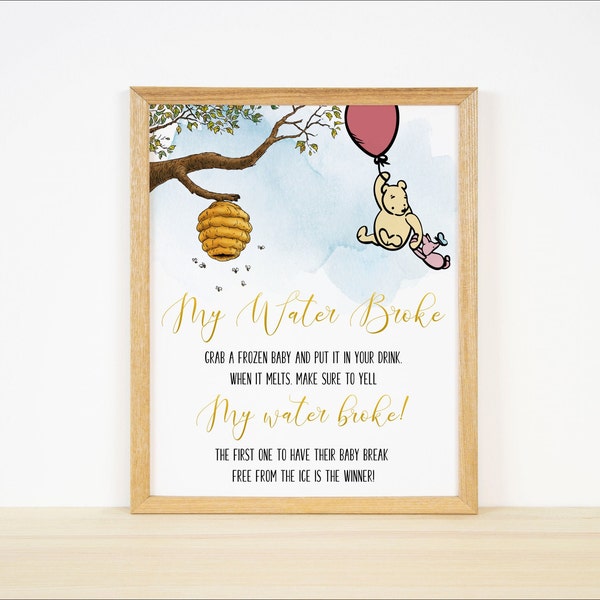 My Water broke Game,Baby Shower Sign,Classic Winnie the Pooh Baby Shower Sign,Printable Sign,Digital download,Honey Baby Shower