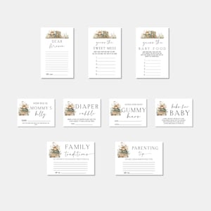 May include: A set of baby shower game cards featuring watercolour illustrations of books and floral details. The cards include prompts such as "Dear Mason," "Guess the Sweet Mess," and "How Big is Mommy's Belly."