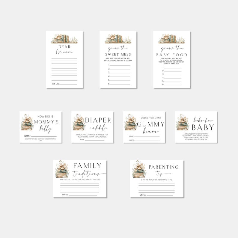 May include: A set of baby shower game cards featuring watercolour illustrations of books and floral details. The cards include prompts such as "Dear Mason," "Guess the Sweet Mess," and "How Big is Mommy's Belly."