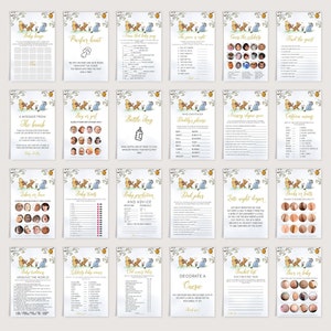 May include: A set of 16 printable baby shower game cards featuring Winnie the Pooh and Piglet characters. The cards are decorated with a yellow and white floral design and include games like "Baby Bingo", "Pacifier Hunt", "Guess the Celebrity", "Find the Guest", "A Message from the Bamb", "Boy or Girl", "Bottle Chug", "Who Can Finish Daddy's Phrase", "Nursery Rhyme Guess", "Cartoon Characters", "Labor or Love", "Baby Traits", "Baby Prediction and Advice", "Dad Jokes", "Late Night Diaper", "Books or Butts", "Baby Traveling Around the World", "Celebrity Baby Names", "Old Wives Tales", "Decorate a Onesie", "Bucket List for the First Year", and "Beer or Baby".