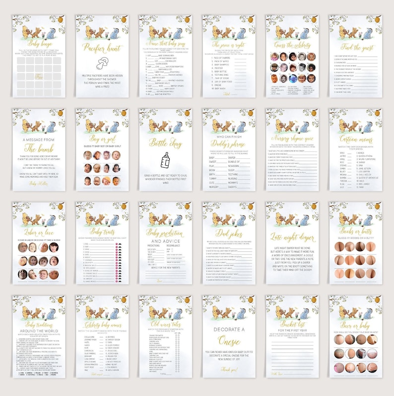 May include: A set of 16 printable baby shower game cards featuring Winnie the Pooh and Piglet characters. The cards are decorated with a yellow and white floral design and include games like "Baby Bingo", "Pacifier Hunt", "Guess the Celebrity", "Find the Guest", "A Message from the Bamb", "Boy or Girl", "Bottle Chug", "Who Can Finish Daddy's Phrase", "Nursery Rhyme Guess", "Cartoon Characters", "Labor or Love", "Baby Traits", "Baby Prediction and Advice", "Dad Jokes", "Late Night Diaper", "Books or Butts", "Baby Traveling Around the World", "Celebrity Baby Names", "Old Wives Tales", "Decorate a Onesie", "Bucket List for the First Year", and "Beer or Baby".