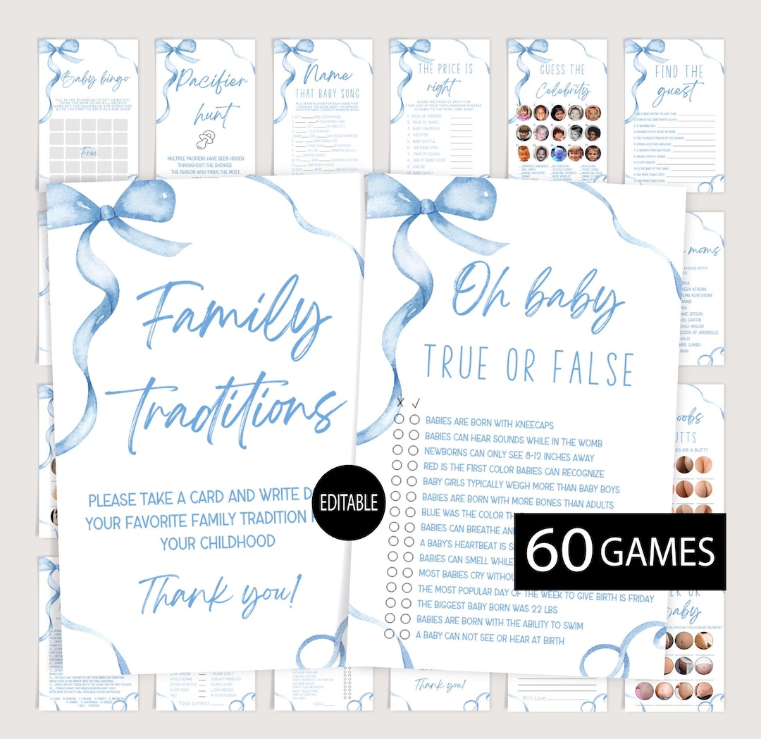 Boy Baby Shower Games,blue Bow Baby Shower Theme,editable Game Bundle ...