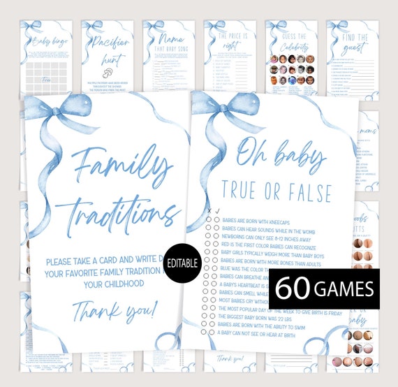 Boy Baby Shower Games,Blue Bow Baby Shower Theme,Editable Game Bundle,Blue Baby Shower Theme,Instant download Games