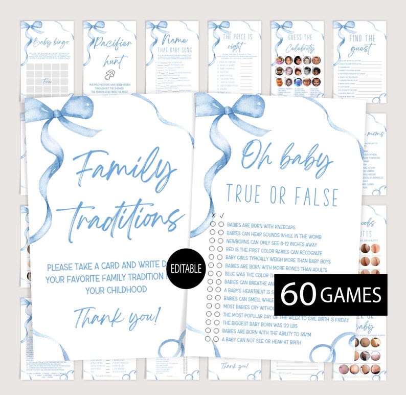 May include: Blue and white baby shower game cards with a blue ribbon bow. The cards feature games like "Family Traditions", "Oh Baby True or False", "Guess the Celebrity", "Find the Guest", "Baby Bingo", and "Pacifier Hunt".
