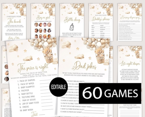 Neutral Baby shower games, Cute Bear Baby Shower Bundle,60 Baby Shower Games included and Answer sheets,Balloon Baby Shower Games