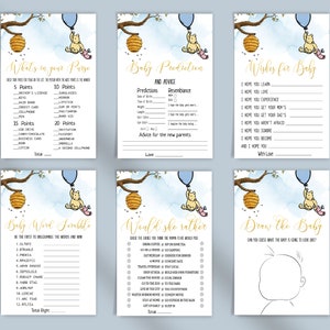 May include: A set of printable baby shower game cards featuring Winnie the Pooh and honeycombs. The games include "What's in your purse", "Baby Word Scramble", "Would she rather", "Baby Prediction", "Wishes for Baby", and "Draw the Baby".
