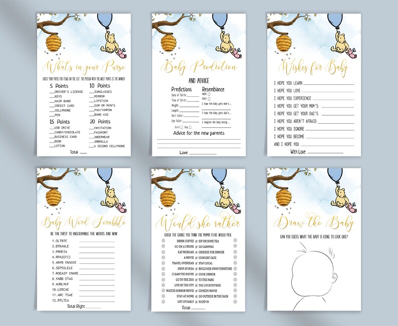 May include: A set of printable baby shower game cards featuring Winnie the Pooh and honeycombs. The games include "What's in your purse", "Baby Word Scramble", "Would she rather", "Baby Prediction", "Wishes for Baby", and "Draw the Baby".