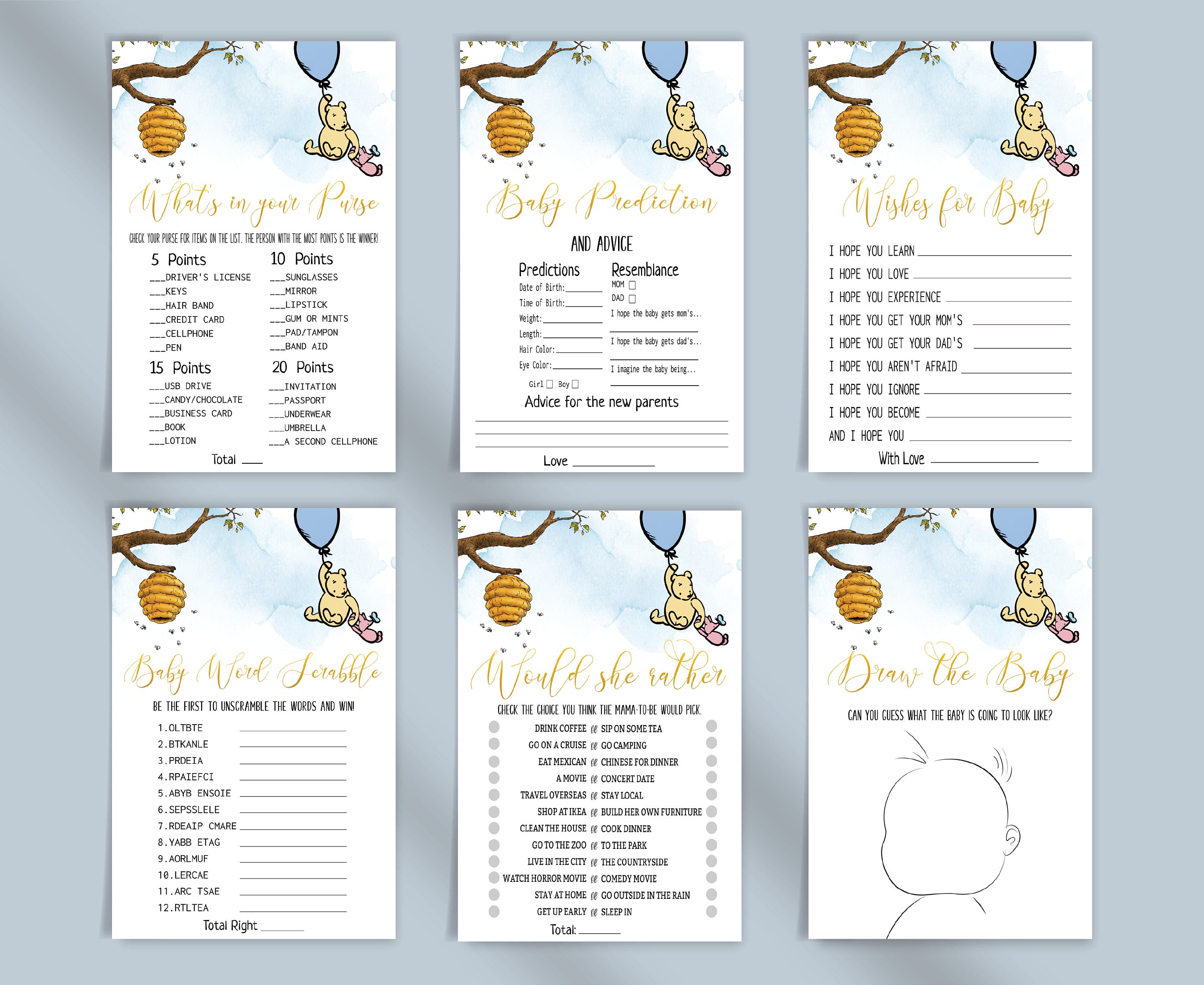 Classic Winnie the Pooh Baby Shower Game Bundle, Boy Winnie the Pooh