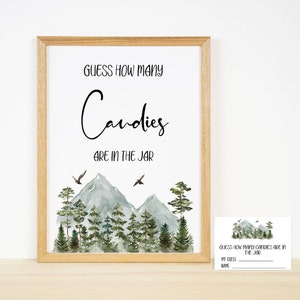 Cuántos juegos de caramelos, la aventura espera baby shower, letrero de baby shower del bosque, juego de baby shower imprimible, Adivina cuántos caramelos hay en el frasco