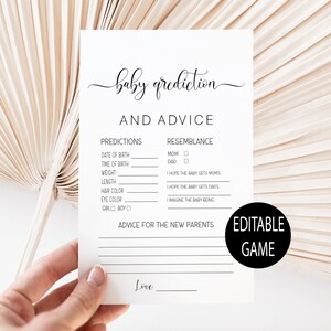 Carte de jeu de prédiction de bébé, conseils pour bébé, jeu de baby shower minimaliste, neutre en matière de genre, modifiable, téléchargement immédiat