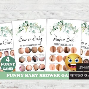May include: Four printable baby shower game cards with a green watercolor floral design. The games are "Boy or Girl", "Beer or Baby", "Boobs or Butts", and "Sleep or Love".