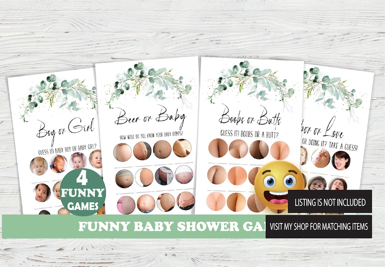 May include: Four printable baby shower game cards with a green watercolor floral design. The games are "Boy or Girl", "Beer or Baby", "Boobs or Butts", and "Sleep or Love".