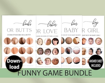 Juegos divertidos para baby shower, paquete minimalista para baby shower, juegos imprimibles, juego de cerveza o barriga, juego de parto o amor, juego de pechos o traseros