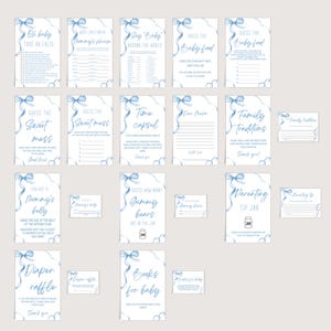 May include: A set of printable baby shower game cards featuring blue and white ribbons. The cards include games such as "Guess the Baby Food", "Guess the Sweet Mess", "How Big is Mommy's Belly", and "Time Capsule".