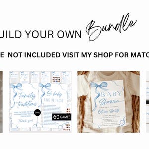 May include: A blue and white baby shower bundle with editable signs, games, and a welcome sign. The bundle includes 16 editable signs, 60 games, and a welcome sign. The signs and games feature a blue watercolour ribbon design.