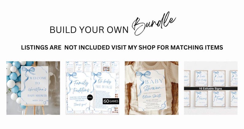May include: A blue and white baby shower bundle with editable signs, games, and a welcome sign. The bundle includes 16 editable signs, 60 games, and a welcome sign. The signs and games feature a blue watercolour ribbon design.
