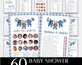 Blue Jean Baby Shower Game Bundle,Teddy Bear Baby Shower Theme Bundle,60 Editable Games