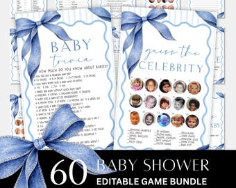 Blue Jean  Baby Shower Games-Printable Blue Bow Baby Shower Bundle-Editable Boy Baby Shower Templates-Blue Boy Baby Shower Theme