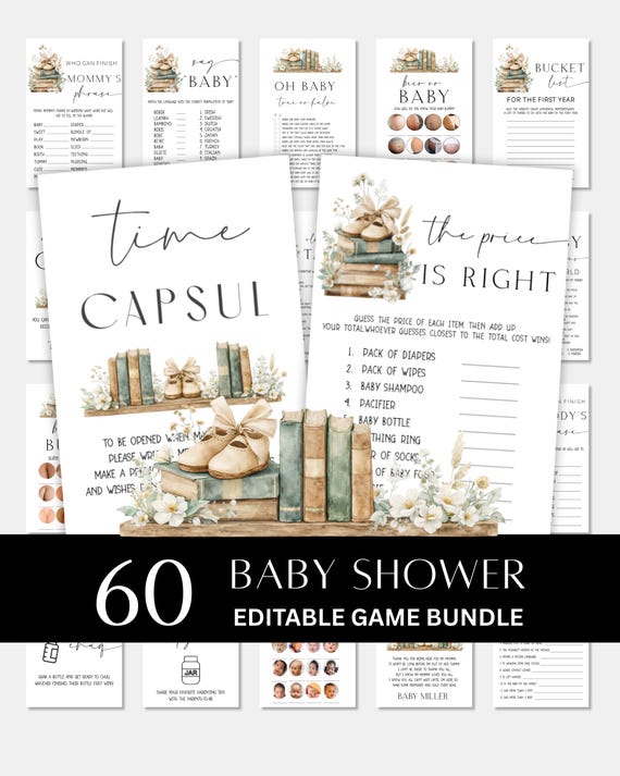 Storybook Baby Shower Printable Games, Editable Baby Shower Bundle, A New Chapter Gender neutral Baby Shower Theme Templates, Digital Downlo