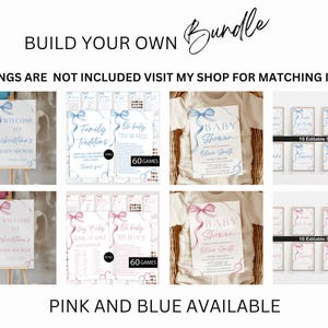 May include: A digital printable bundle for a baby shower. The bundle includes a welcome sign, family traditions sign, baby shower games, a baby shower invitation, and 16 editable signs. The bundle is available in pink and blue.