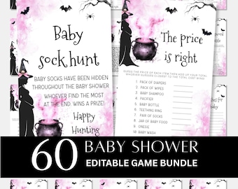 Girl Halloween Baby Shower Games Bundle, Pink Baby is Brewing Theme (Editable Templett)