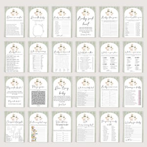 May include: A set of baby shower game cards with a light green and white design. Each card features a different game, including "Draw the Baby," "Baby Bingo," and "Baby Word Search." The cards have an arched shape and are arranged in a grid.