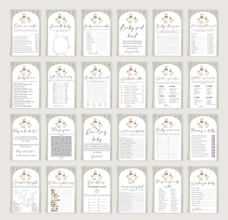 May include: A set of baby shower game cards with a light green and white design. Each card features a different game, including "Draw the Baby," "Baby Bingo," and "Baby Word Search." The cards have an arched shape and are arranged in a grid.
