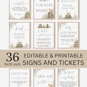 May include: A set of 36 editable and printable baby shower signs and tickets, each 8x10 inches. The signs feature elegant calligraphy and decorative floral elements. Text includes "Diaper Raffle," "Books for Baby," and "Guestbook."