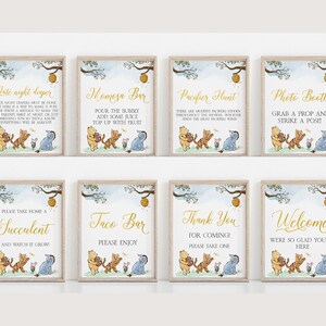 May include: Eight printable Winnie the Pooh themed signs for a baby shower. The signs are in a light blue and yellow colour scheme with a watercolour background. The signs include: Late Night Diaper, Momosa Bar, Pacifier Hunt, Photo Booth, Please Take Home a Succulent, Taco Bar, Thank You for Coming, and Welcome.