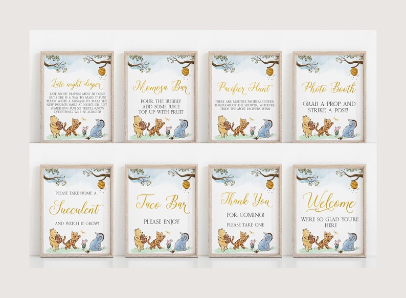 May include: Eight printable Winnie the Pooh themed signs for a baby shower. The signs are in a light blue and yellow colour scheme with a watercolour background. The signs include: Late Night Diaper, Momosa Bar, Pacifier Hunt, Photo Booth, Please Take Home a Succulent, Taco Bar, Thank You for Coming, and Welcome.