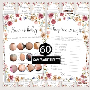 Set di giochi per baby shower con fiori di campo, pacchetto di giochi per baby shower in stile bohémien, modelli modificabili per baby shower floreali, set di giochi per baby shower in stile bohémien, Baby in Bloom