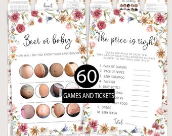 Puede incluir: Un conjunto de 60 juegos de baby shower imprimibles con un tema floral. Los juegos incluyen "Cerveza o bebé", "El precio justo", "Baby Bingo", "Encuentra a los invitados", "Adivina la celebridad" y "Caza del chupete".